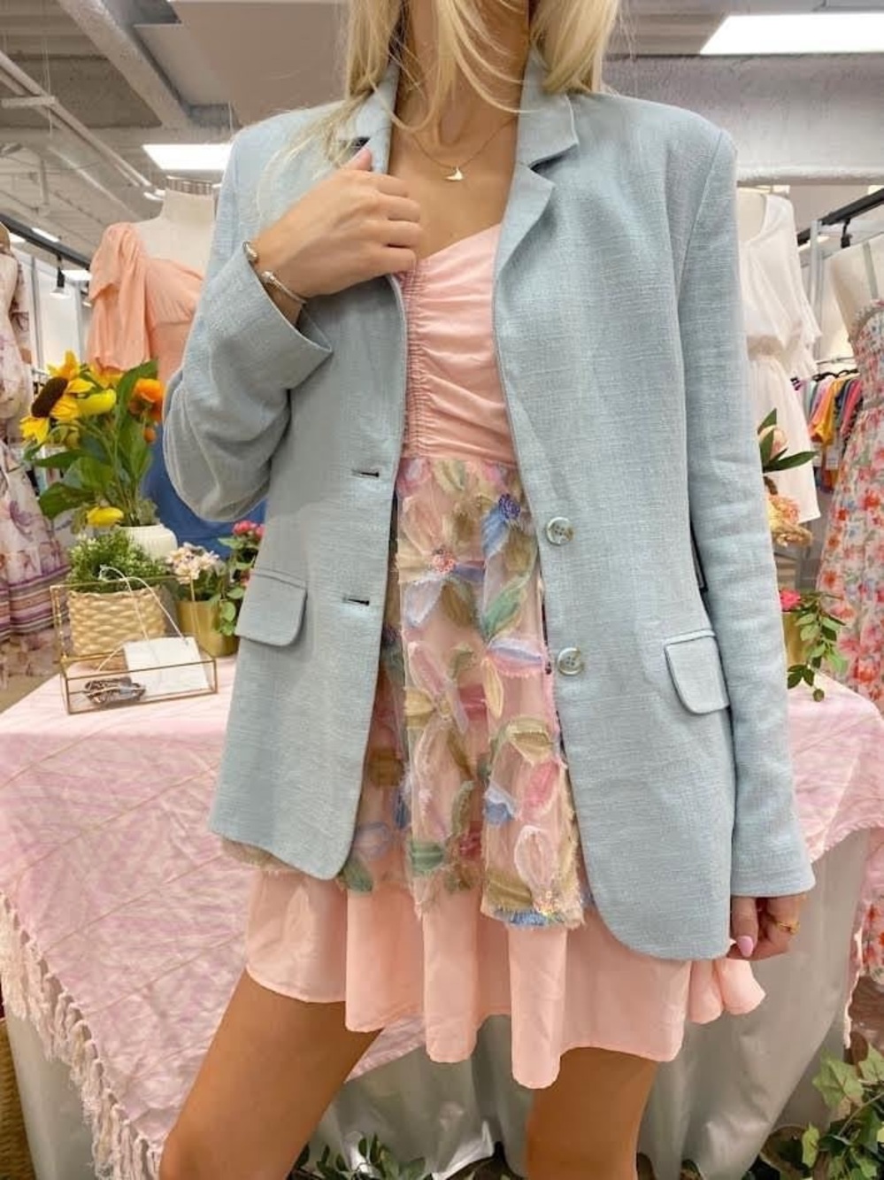 S M XL Light Blue Women's Linen-Blend Blazer - Picture 5 of 6